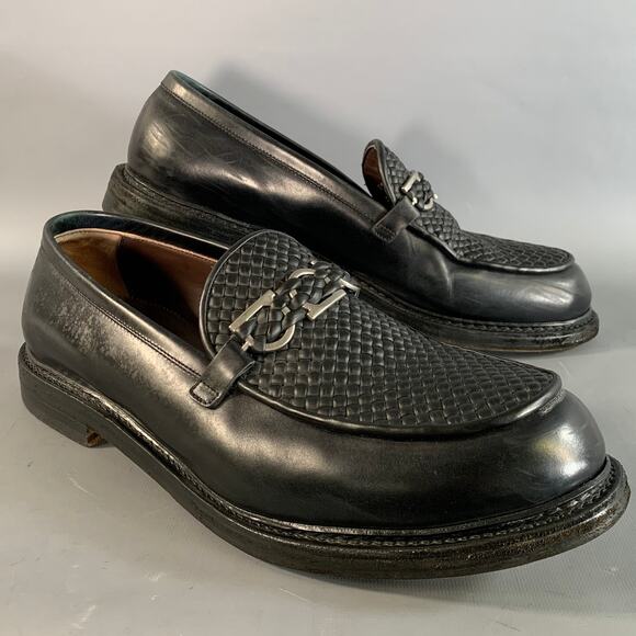 SALVATORE FERRAGAMO Size 12 Black Silver Woven Leather Penny Loafers main image 7